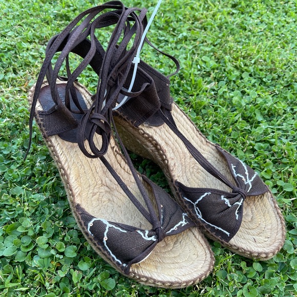 Y2K lace up wedge espadrilles sequin open toe summer brunch boho 39 - Picture 1 of 5